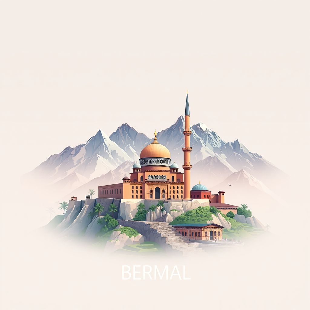 Ultra-high-definition gradient illustration style Bermal illustration, showing the unique charm of the Bermal Mosque and the surrounding mountains.