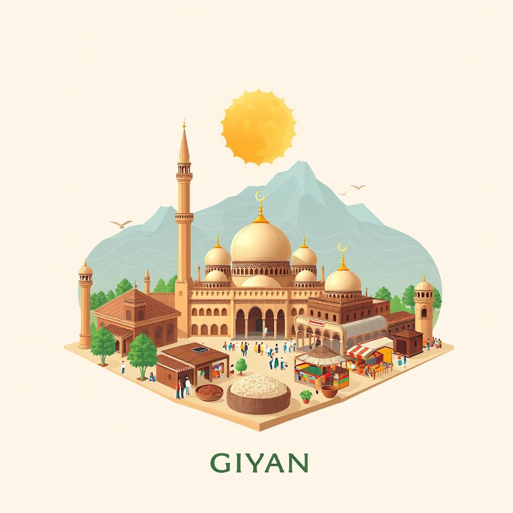 Ultra-high-definition gradient illustration style Giyan illustration, showing the unique charm of the Giyan Mosque, the Giyan Bazaar, and Kabuli Pulao.