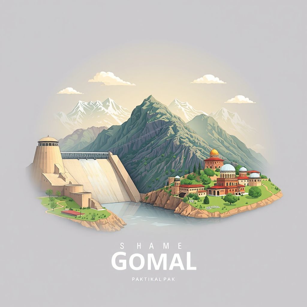 Ultra-high-definition gradient illustration style Gomal illustration, showing the unique charm of the Gomal Zam Dam and Gomal National Park.