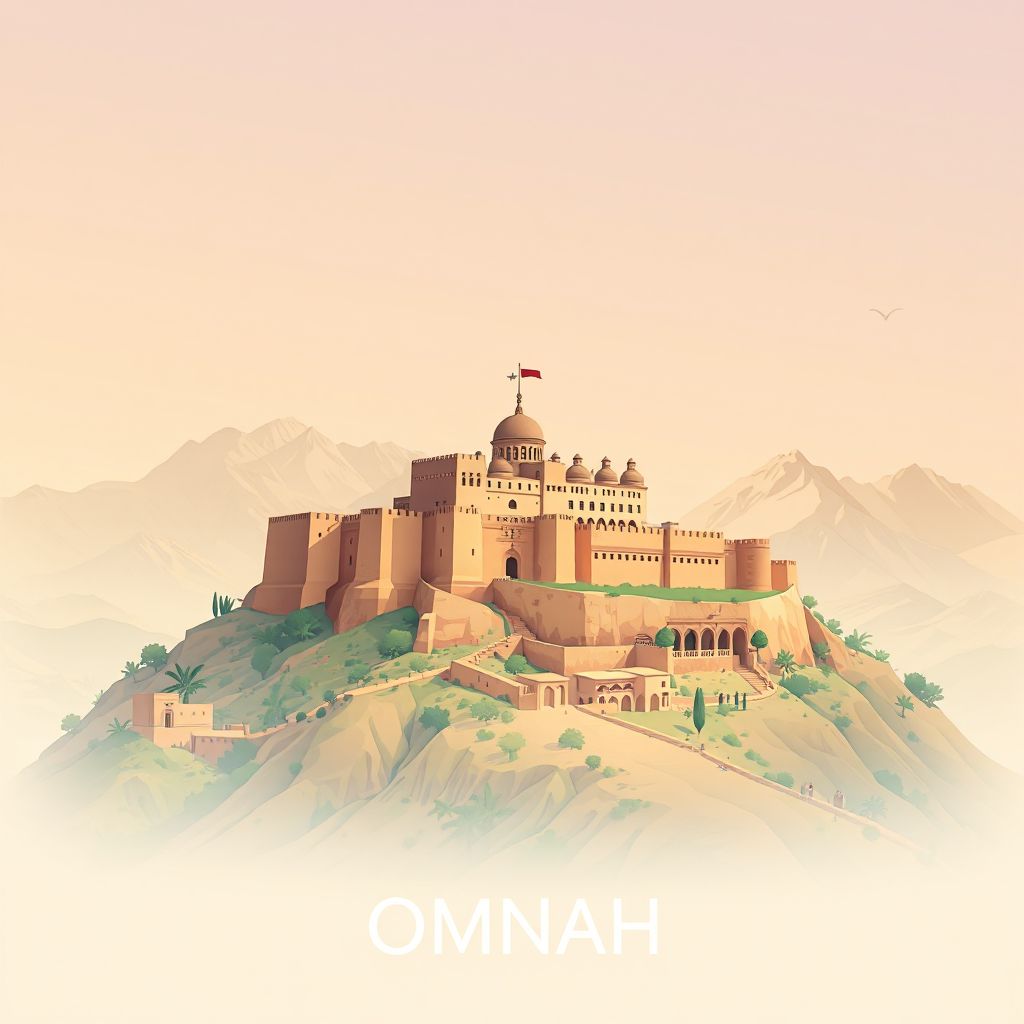 Ultra-high-definition gradient illustration style Omnah illustration, showing the unique charm of the Paktika Fort and the surrounding mountains.