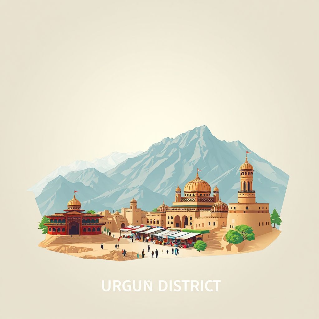 Ultra-high-definition gradient illustration style Urgun District illustration, showing the unique charm of the Urgun Bazaar and the surrounding mountains.
