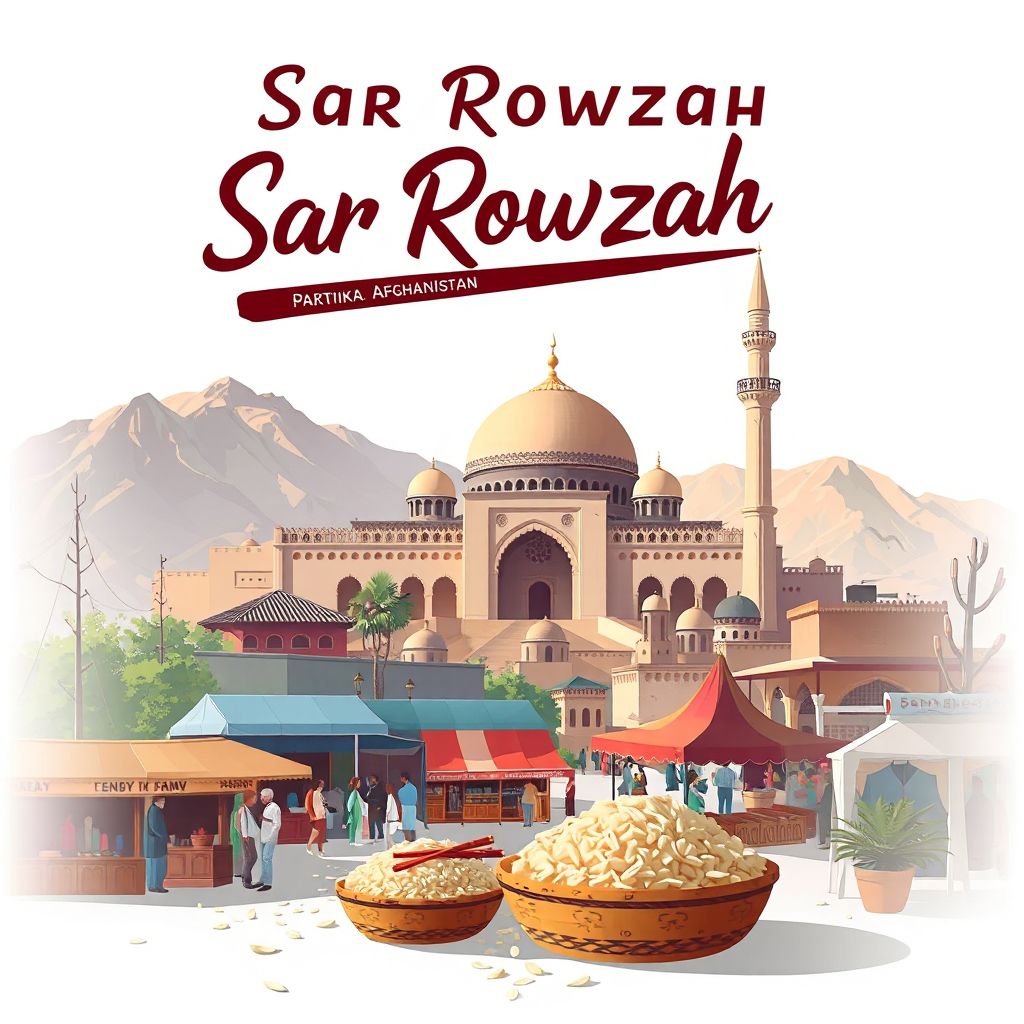 Ultra-high-definition gradient illustration style Sar Rowzah illustration, showing the unique charm of the Sar Rowzah Mosque, the local bazaar, and traditional Afghan cuisine.