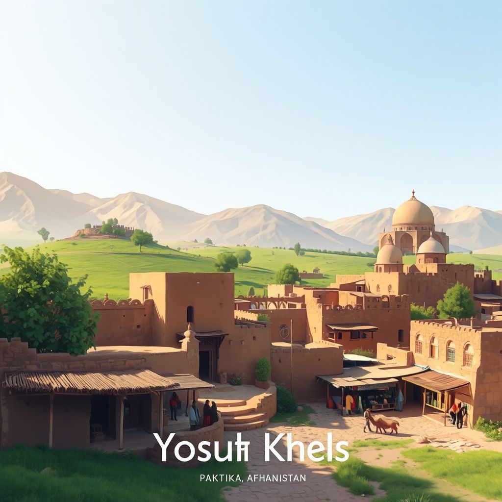 Ultra-high-definition gradient illustration style Yosuf Khel illustration, showing the unique charm of traditional mud-brick houses, lush green fields, and the local bazaar.
