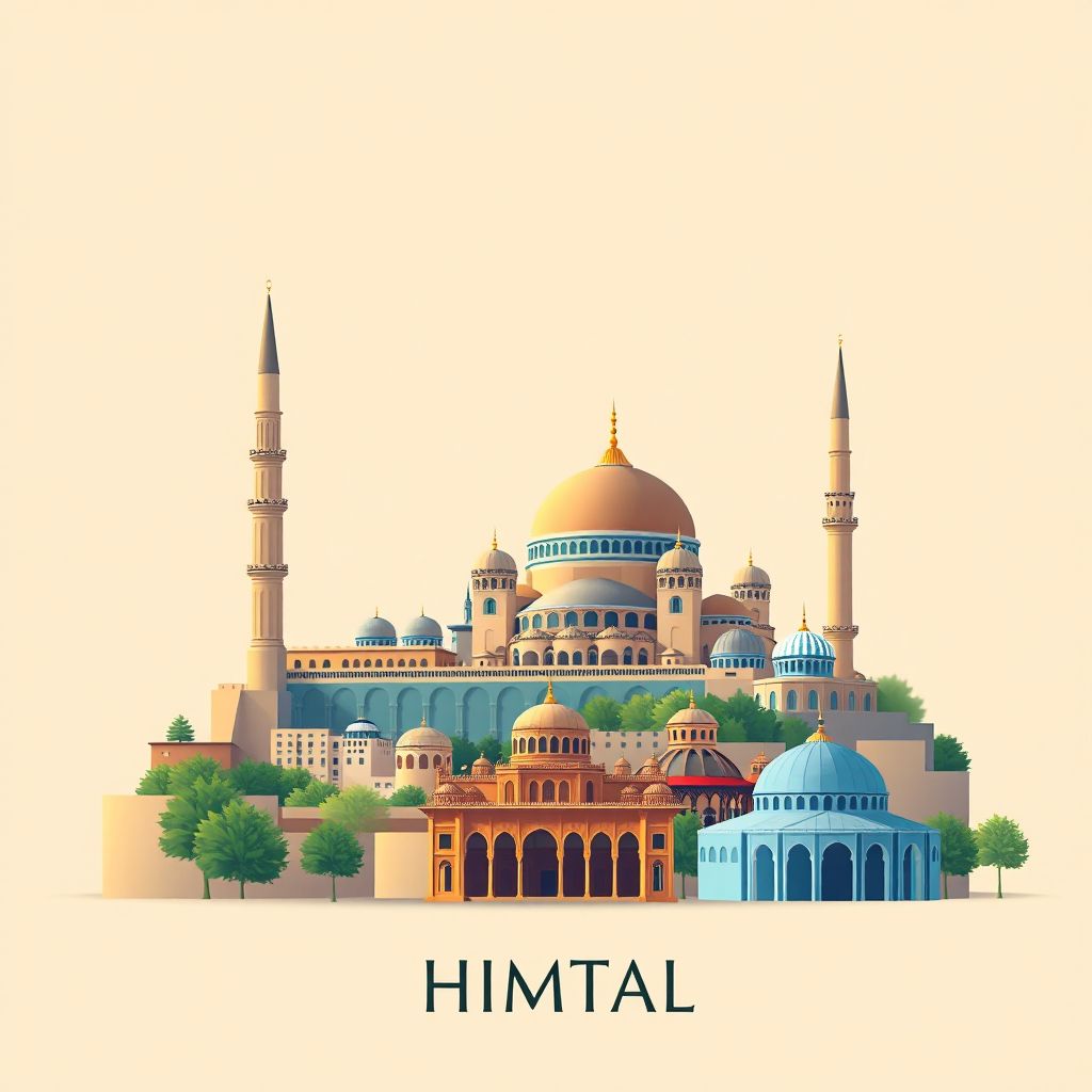 Ultra-high-definition gradient illustration style Chimtal illustration, showing the unique charm of the Blue Mosque, the ancient city of Balkh, and the local cuisine of mantu.