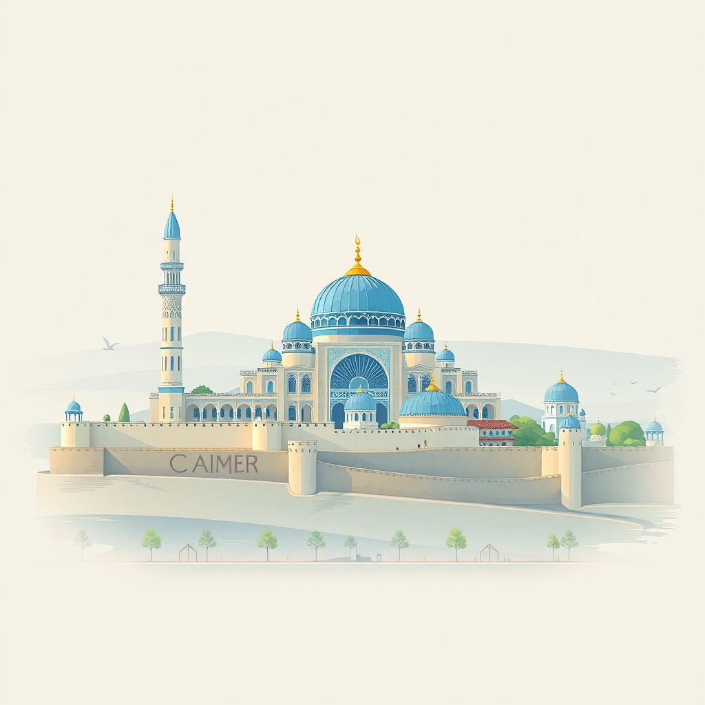 Ultra-high-definition gradient illustration style Dowlatabad illustration, showing the unique charm of the Blue Mosque, and the ancient city walls.