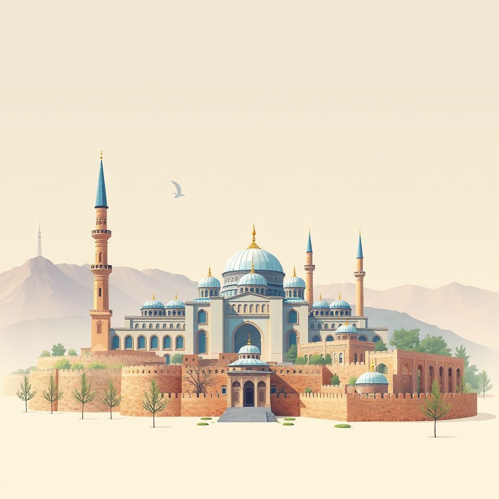 Ultra-high-definition gradient illustration style Marmul illustration, showing the unique charm of the Blue Mosque, the ancient city walls, and local cuisine like mantu.