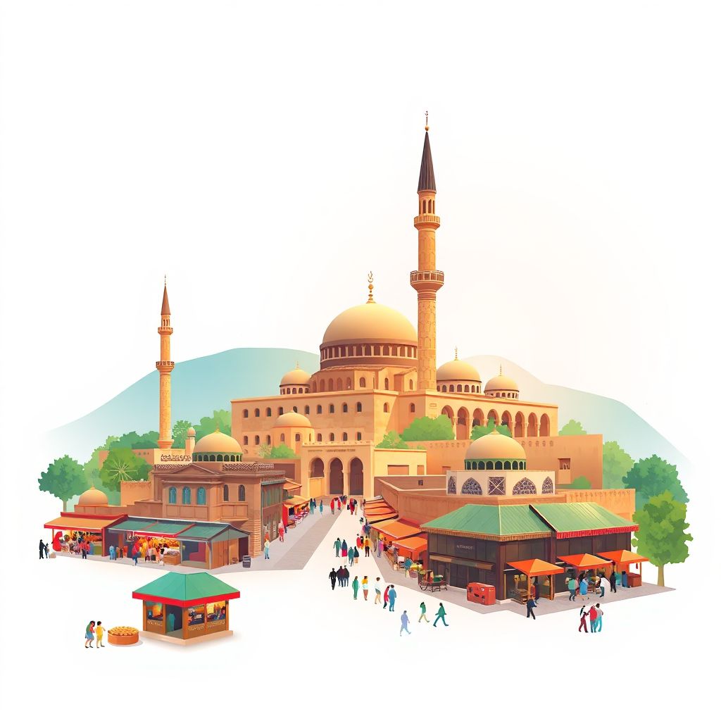 Ultra-high-definition gradient illustration style Khanaqah illustration, showing the unique charm of ancient minarets, bustling bazaars, and traditional Afghan cuisine.