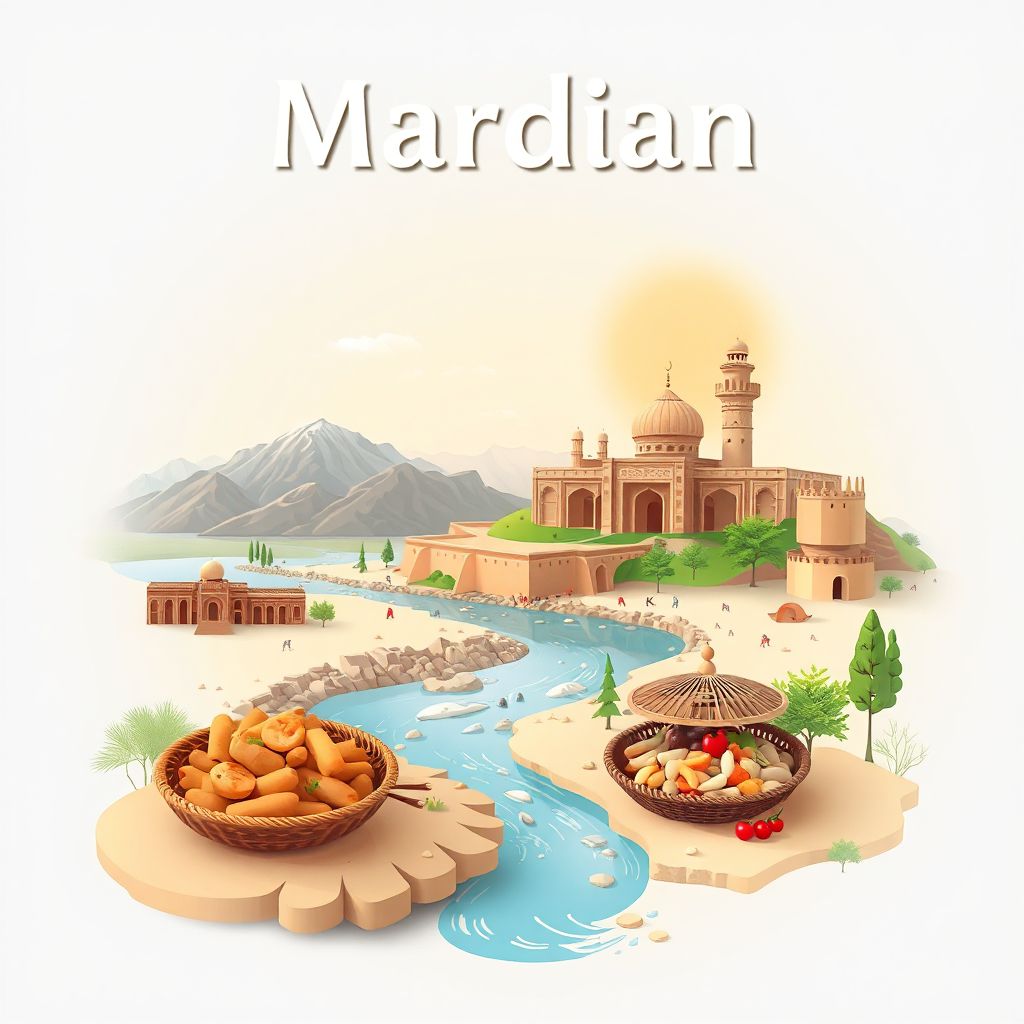 Ultra-high-definition gradient illustration style Mardian illustration, showing the unique charm of the ancient ruins of Sheberghan, the Amu Darya River, and traditional Afghan cuisine.