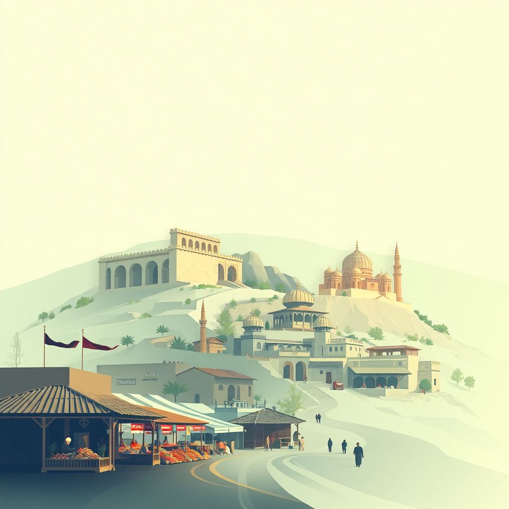 Ultra-high-definition gradient illustration style Mingajik illustration, showing the unique charm of the ancient ruins of Dara-i-Noor, the local bazaar, and traditional Afghan cuisine.