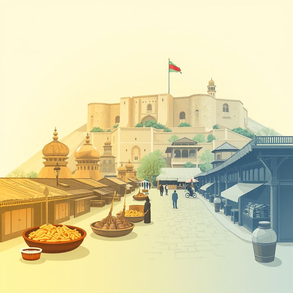 Ultra-high-definition gradient illustration style Qarqin illustration, showing the unique charm of the Qarqin Fort, the Qarqin Bazaar, and traditional Afghan dishes.