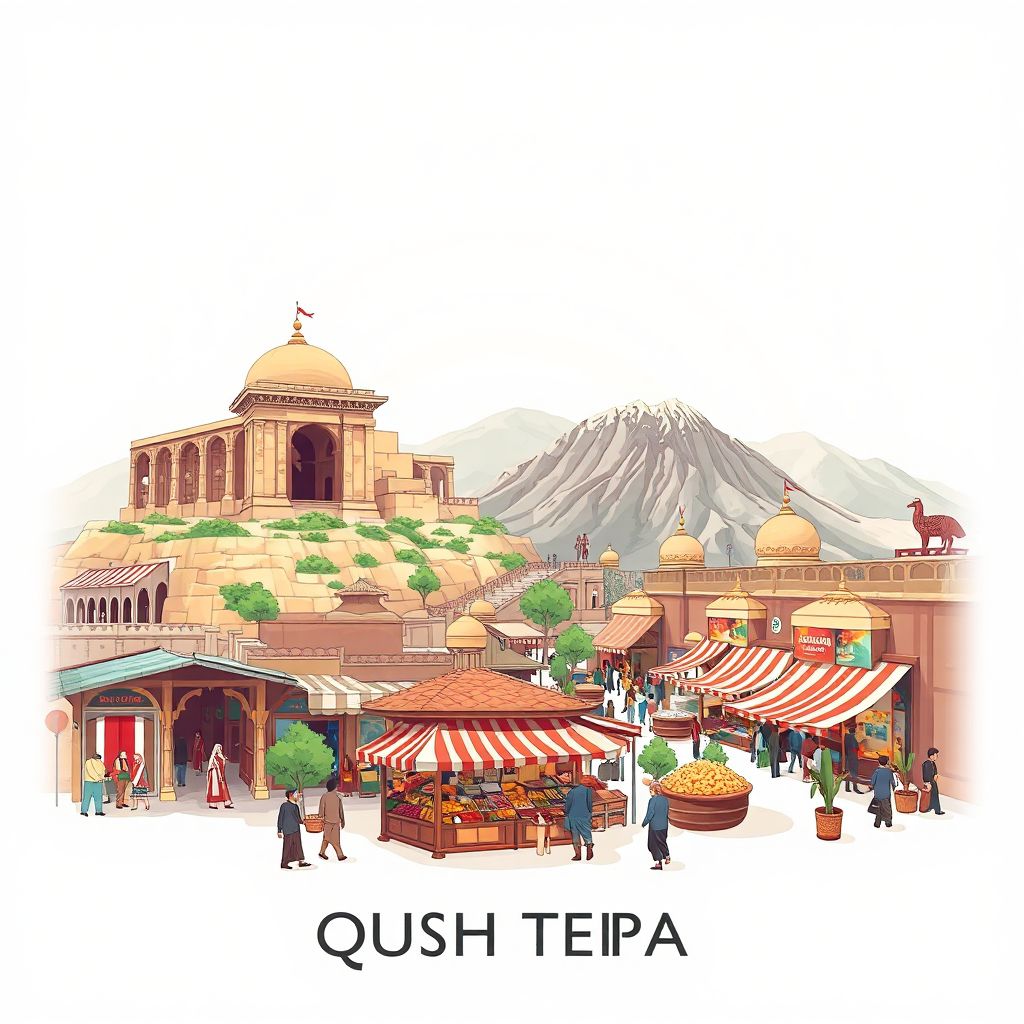 Ultra-high-definition gradient illustration style Qush Tepah illustration, showing the unique charm of the ancient ruins of Aybak, the bustling Qush Tepah Bazaar.