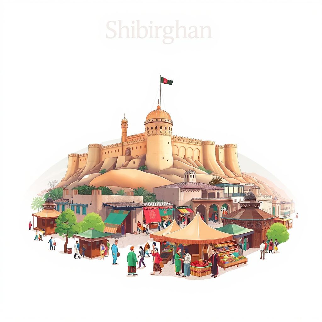 Ultra-high-definition gradient illustration style Shibirghan illustration, showing the unique charm of the Shibirghan Citadel and local bazaar.