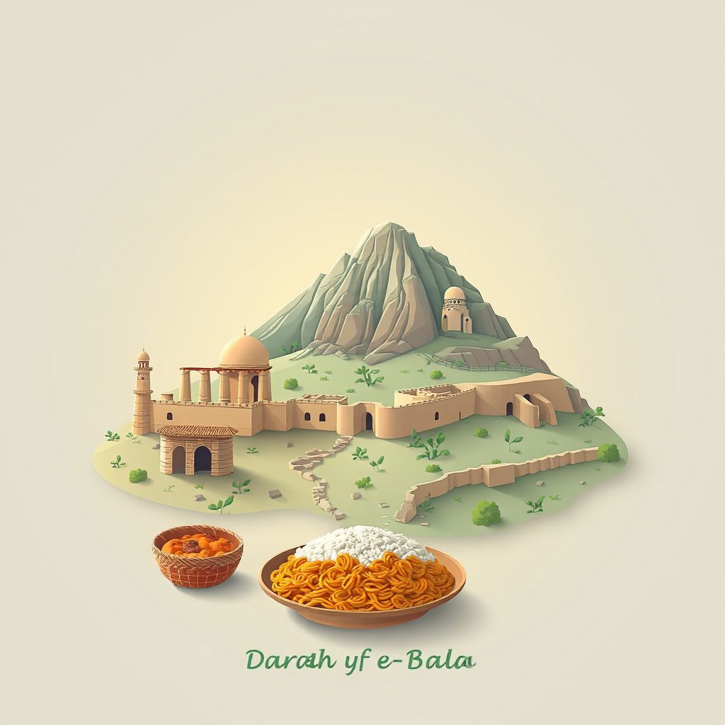 Ultra-high-definition gradient illustration style Darah-ye Suf-e Bala illustration, showing the unique charm of the ancient ruins of Darah-ye Suf-e Bala and Kabuli Pulao.
