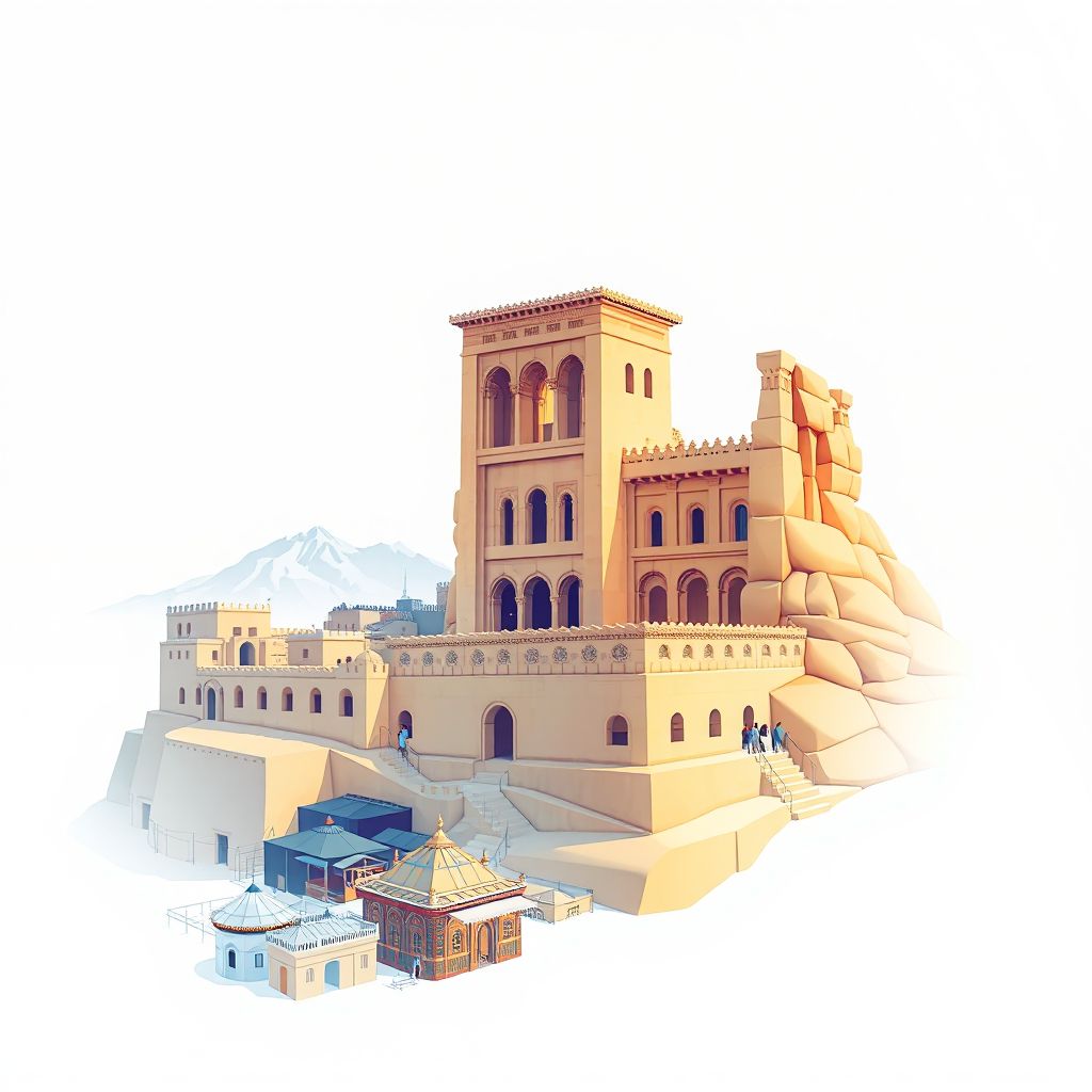 Ultra-high-definition gradient illustration style Darah-ye Suf-e Pa'in illustration, showing the unique charm of the ancient ruins and the local traditional market.