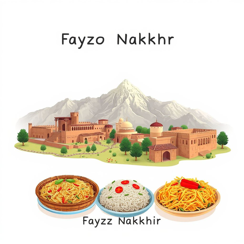 Ultra-high-definition gradient illustration of Fayroz Nakhchir, Samangan, Afghanistan, featuring ancient ruins, mountain landscapes, and Kabuli Pulao.