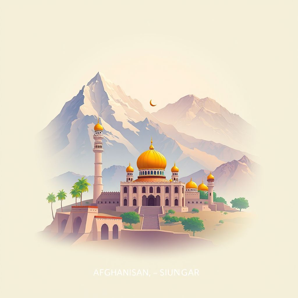 Ultra-high-definition gradient illustration style Hazrat-e Sultan illustration, showing the unique charm of the Hazrat-e Sultan Shrine and the surrounding mountains.