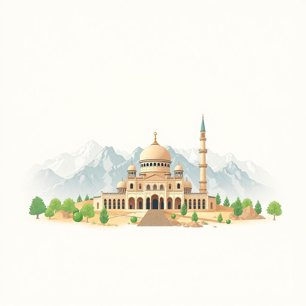 Ultra-high-definition gradient illustration style Khuram wa Sar Bagh illustration, showing the unique charm of the Khuram wa Sar Bagh Mosque and the surrounding mountains.