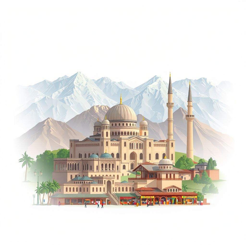 Ultra-high-definition gradient illustration style Kohistanat illustration, showing the unique charm of the Kohistanat Mosque, the Kohistanat Bazaar, and the surrounding mountains.