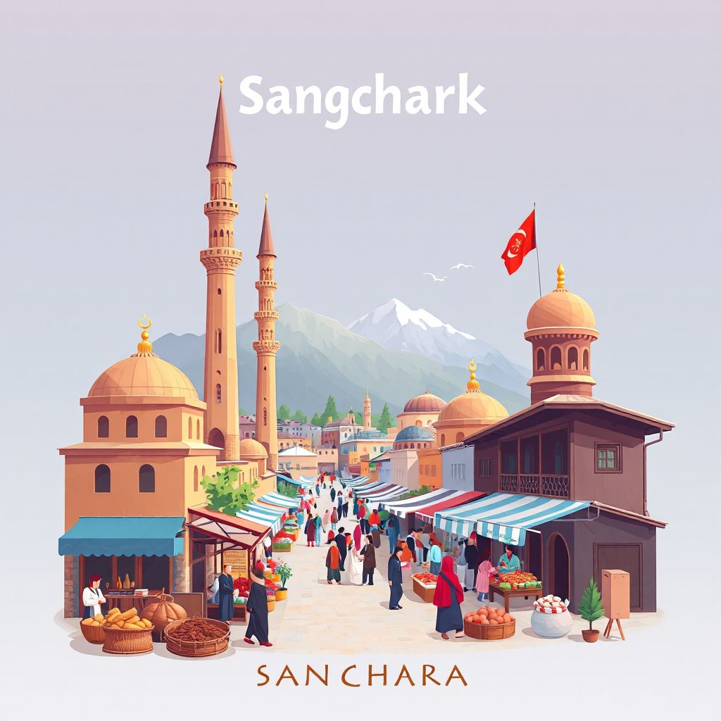 Ultra-high-definition gradient illustration style Sangcharak illustration, showing the unique charm of ancient minarets, the bustling local bazaar.