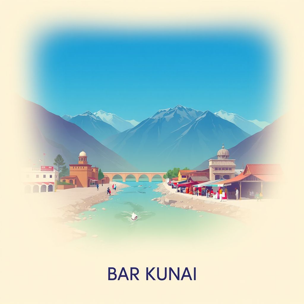 Ultra-high-definition gradient illustration style Bar Kunar illustration, showing the unique charm of the Kunar River and the local traditional market.