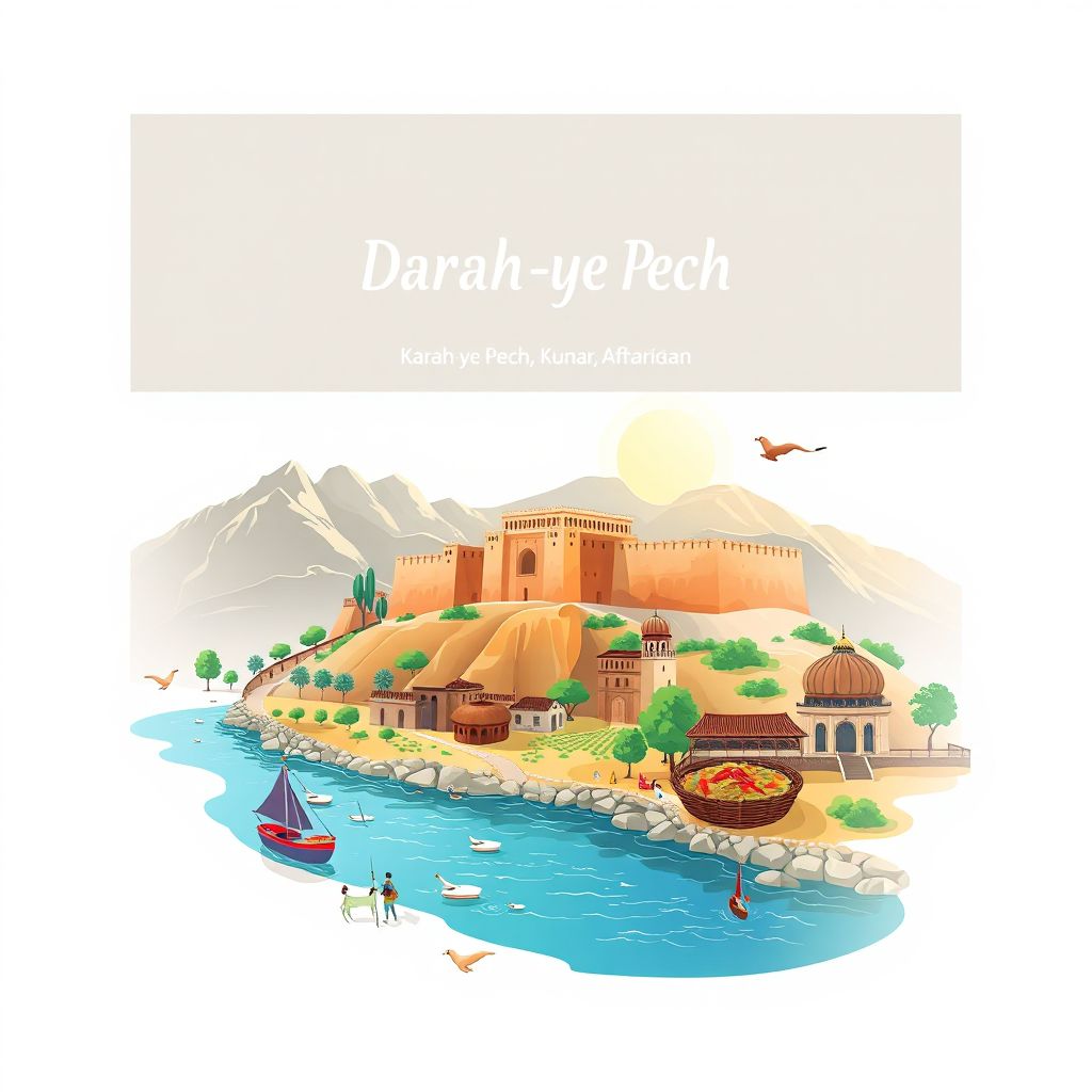 Ultra-high-definition gradient illustration style Darah-ye Pech illustration, showing the unique charm of the Pech River and the historic Darah-ye Pech Fort.