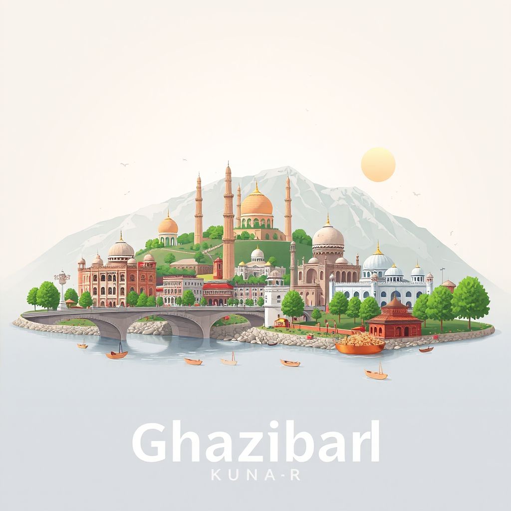 Ultra-high-definition gradient illustration style Ghaziabad illustration, showing the unique charm of the Kunar River and Kabuli Pulao.