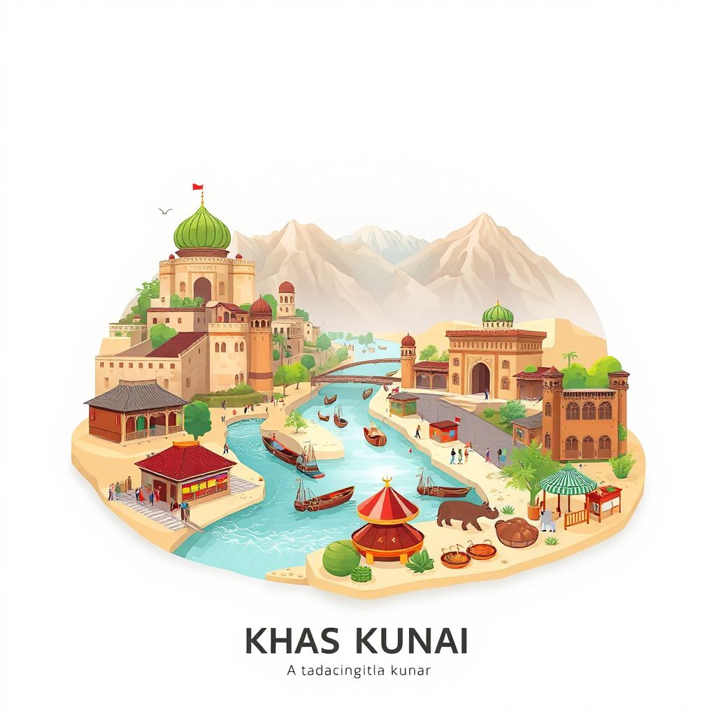 Ultra-high-definition gradient illustration style Khas Kunar illustration, showing the unique charm of the Kunar River, local bazaars, and traditional Afghan cuisine.