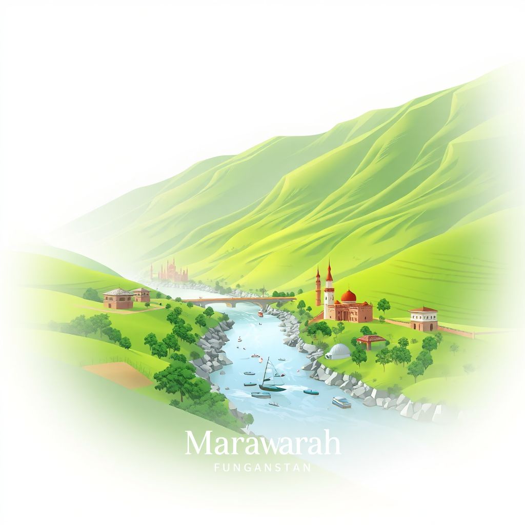 Ultra-high-definition gradient illustration style Marawarah illustration, showing the unique charm of the Kunar River and lush green valleys.