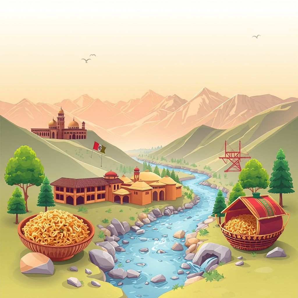 Ultra-high-definition gradient illustration style Narang illustration, showing the unique charm of the Narang Valley, the Kunar River, and Kabuli Pulao.