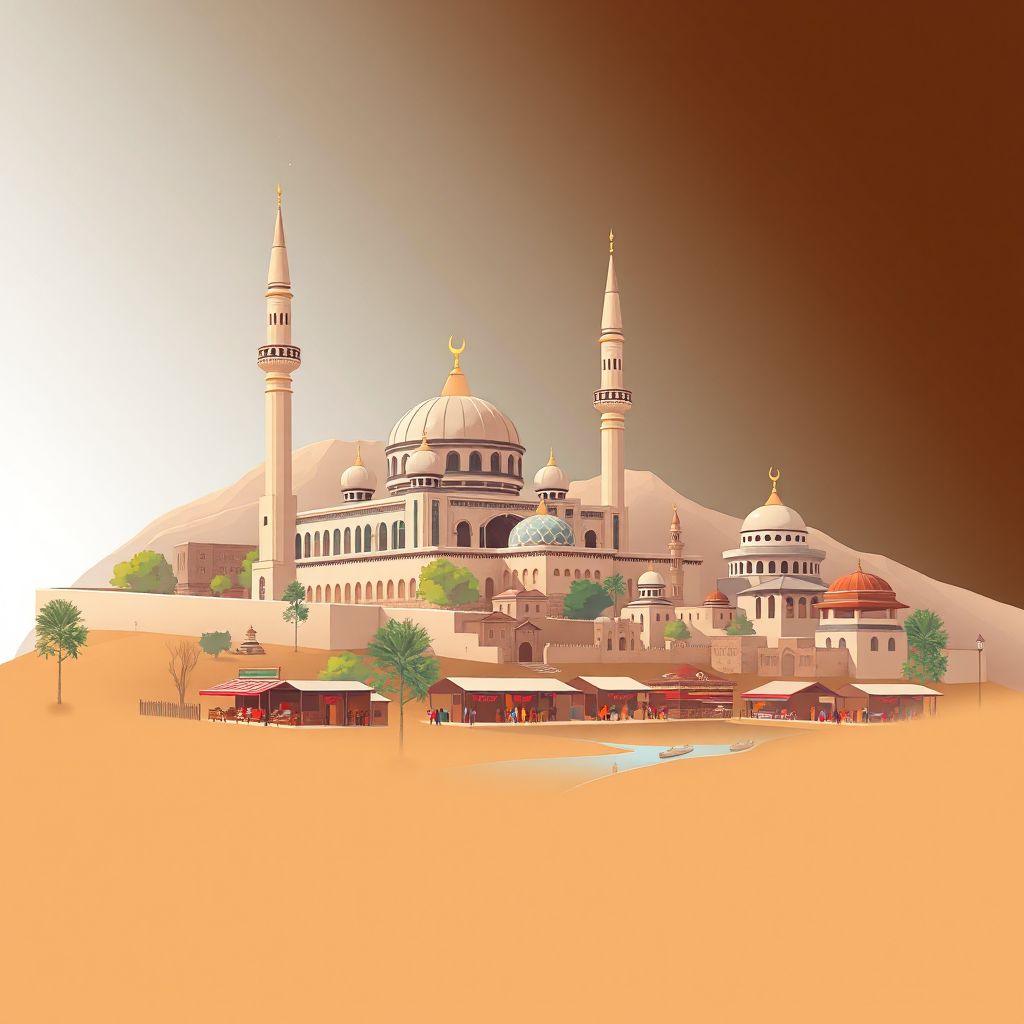 Ultra-high-definition gradient illustration style Nurgal illustration, showing the unique charm of the Nurgal Mosque, the Kunar River, and the local bazaar.