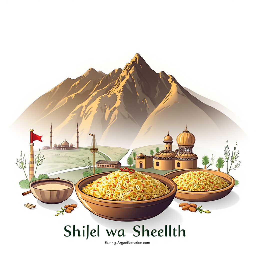 Ultra-high-definition gradient illustration style Shigal wa Sheltan illustration, showing the unique charm of the Shigal wa Sheltan Valley and Kabuli Pulao.