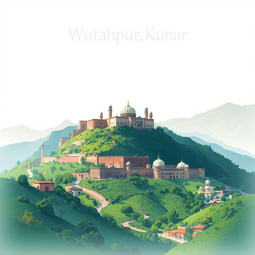 Ultra-high-definition gradient illustration style Wutahpur illustration, showing the unique charm of the Asadabad Fort and lush green valleys.