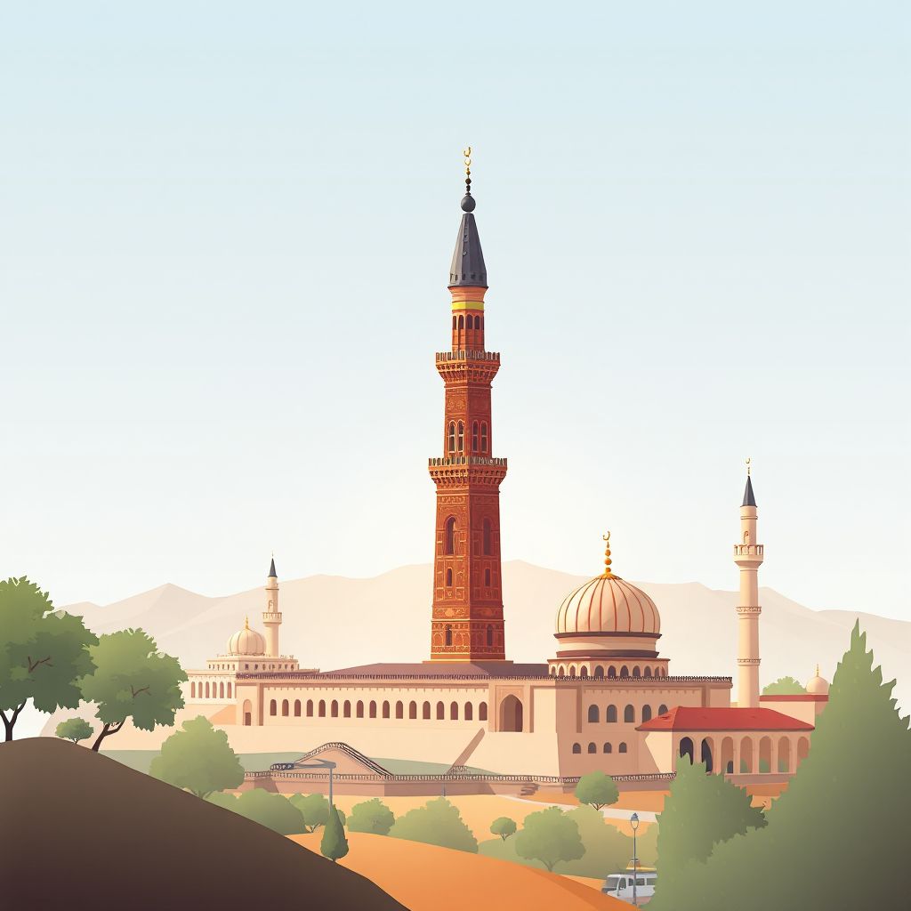 Ultra-high-definition gradient illustration style 'Alingar illustration, showing the unique charm of the Minaret of Jam and Kabuli Pulao.