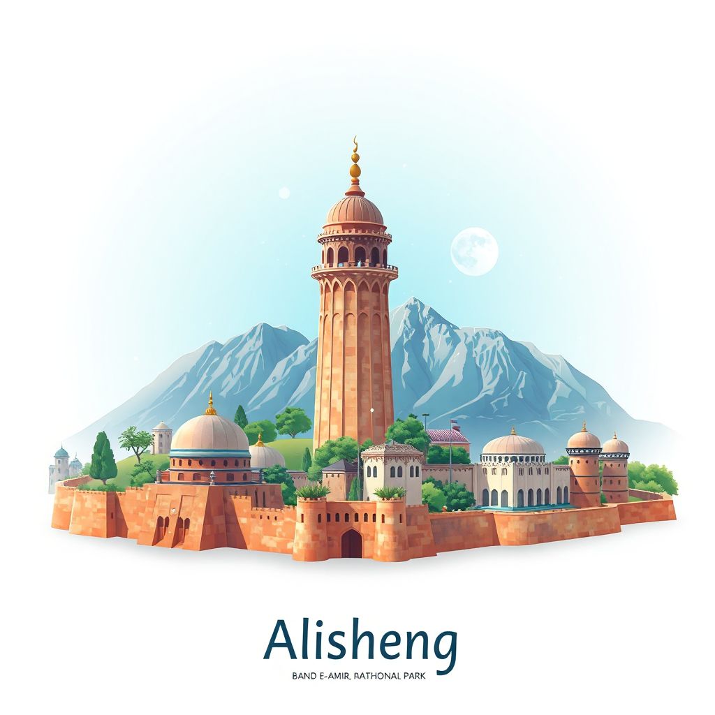 Ultra-high-definition gradient illustration style 'Alisheng illustration, showing the unique charm of the Minaret of Jam and the Band-e Amir National Park.