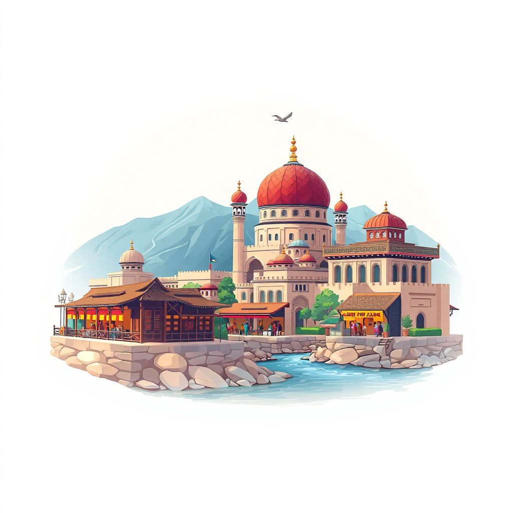 Ultra-high-definition gradient illustration style Mehtar Lam illustration, showing the unique charm of the Mehtar Lam Bazaar, and the Laghman River.