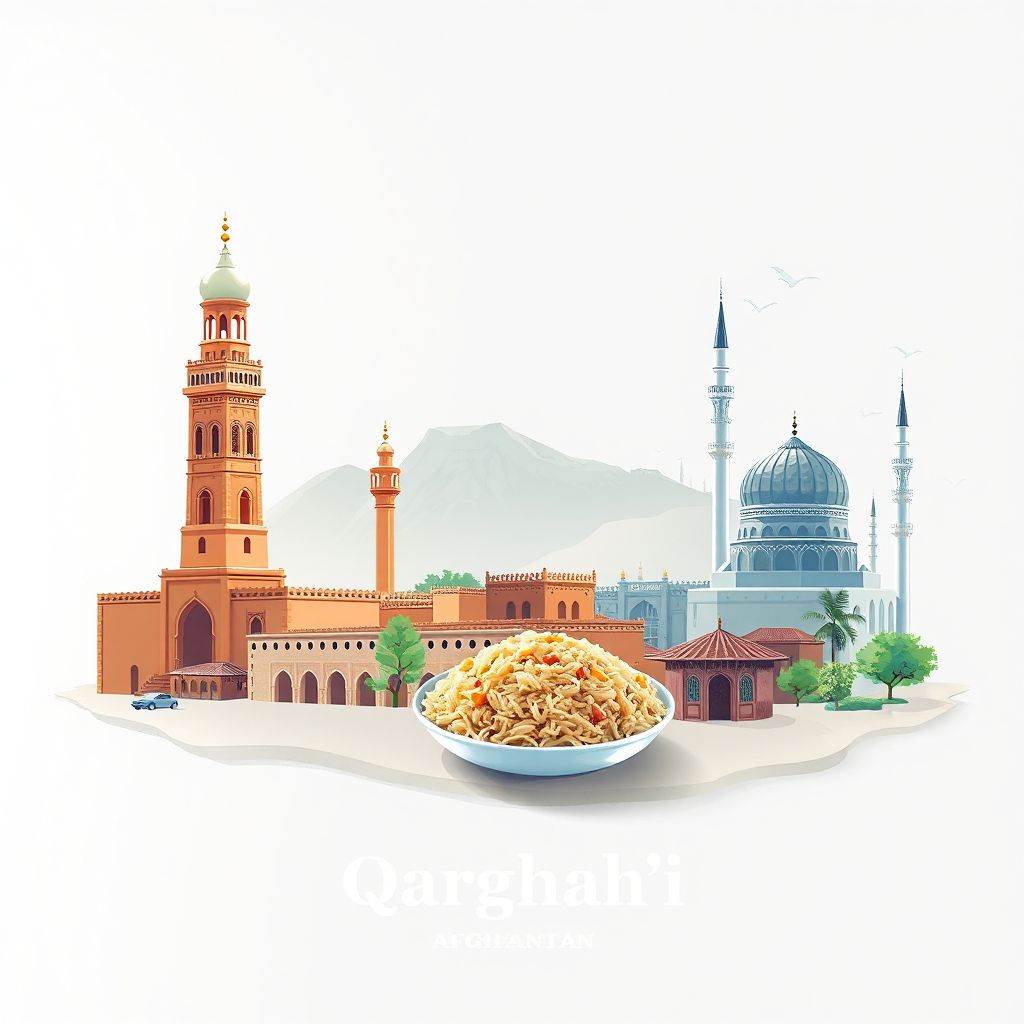 Ultra-high-definition gradient illustration style Qarghah'i illustration, showing the unique charm of the Minaret of Jam and Kabuli Pulao.