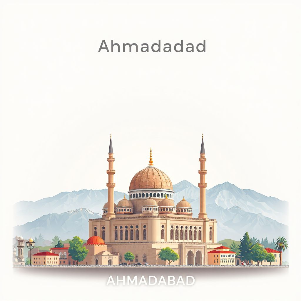 Ultra-high-definition gradient illustration style Ahmadabad illustration, showing the unique charm of the historic Ahmadabad Mosque and surrounding mountains.