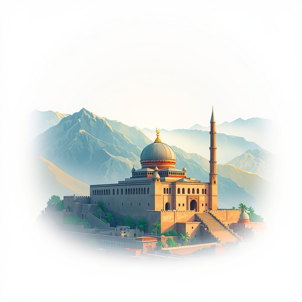 Ultra-high-definition gradient illustration style Dand Patan illustration, showing the unique charm of the Dand Patan Mosque and the surrounding mountains.