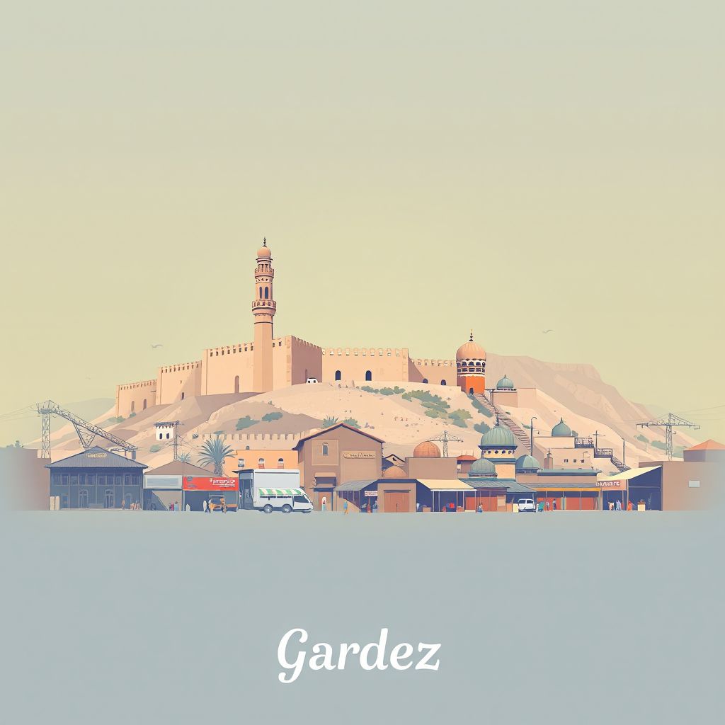 Ultra-high-definition gradient illustration style Gardez illustration, showing the unique charm of the Gardez Fort, the Minaret of Jam, and the local bazaar.