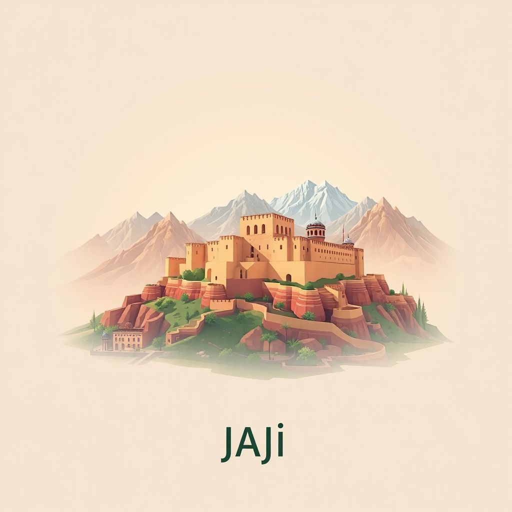 Ultra-high-definition gradient illustration style Jaji illustration, showing the unique charm of the Paktia Fort and surrounding mountains.