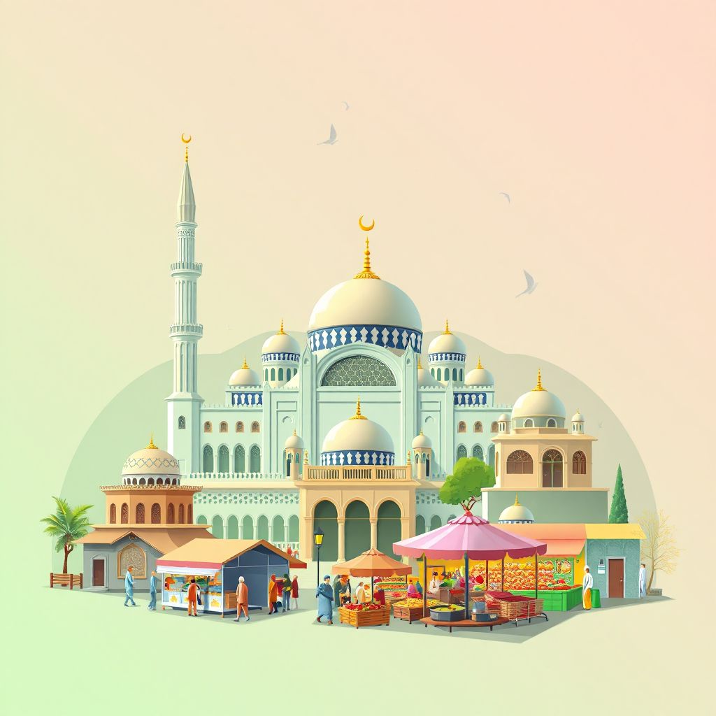 Ultra-high-definition gradient illustration style Sayyid Karam illustration, showing the unique charm of the Sayyid Karam Mosque, the local bazaar, and traditional Afghan cuisine.
