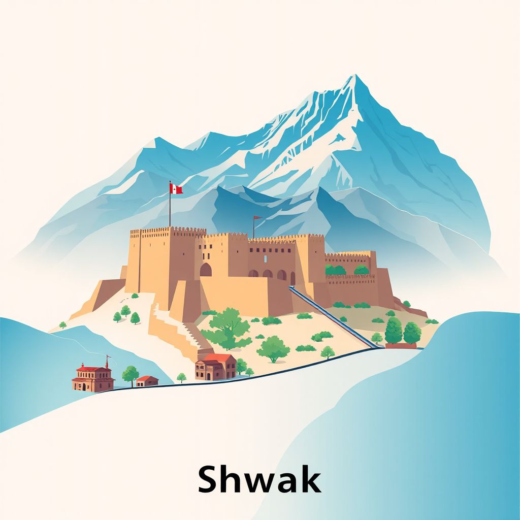 Ultra-high-definition gradient illustration style Shwak illustration, showing the unique charm of the Paktia Fort and the surrounding mountains.