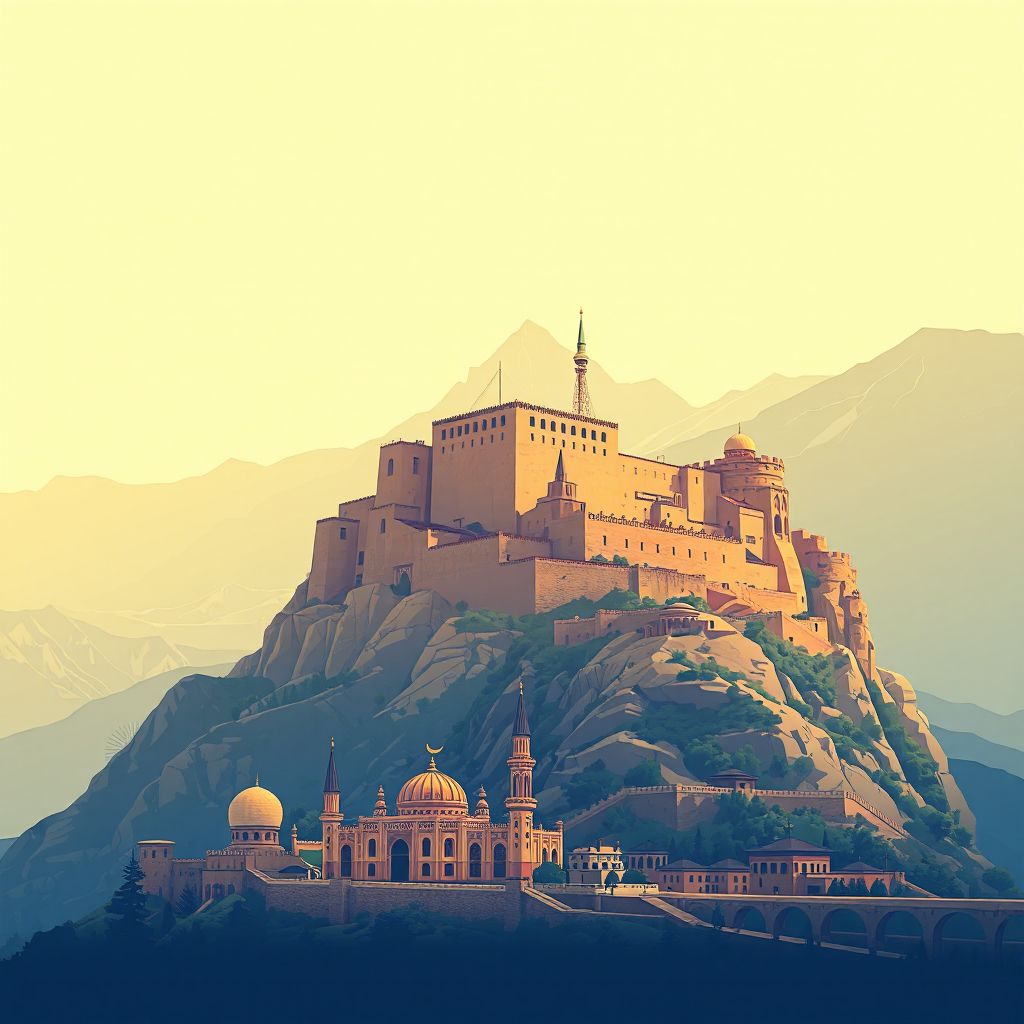 Ultra-high-definition gradient illustration style Gurbuz illustration, showing the unique charm of the Khowst Fortress and the scenic beauty of the surrounding mountains.