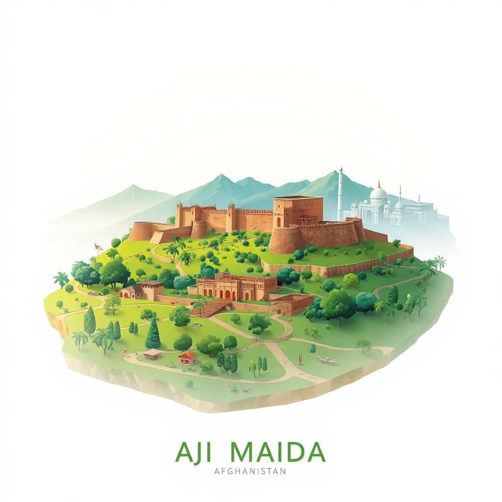 Ultra-high-definition gradient illustration style Jaji Maidan illustration, showing the unique charm of the Khowst Fortress and lush green landscapes.