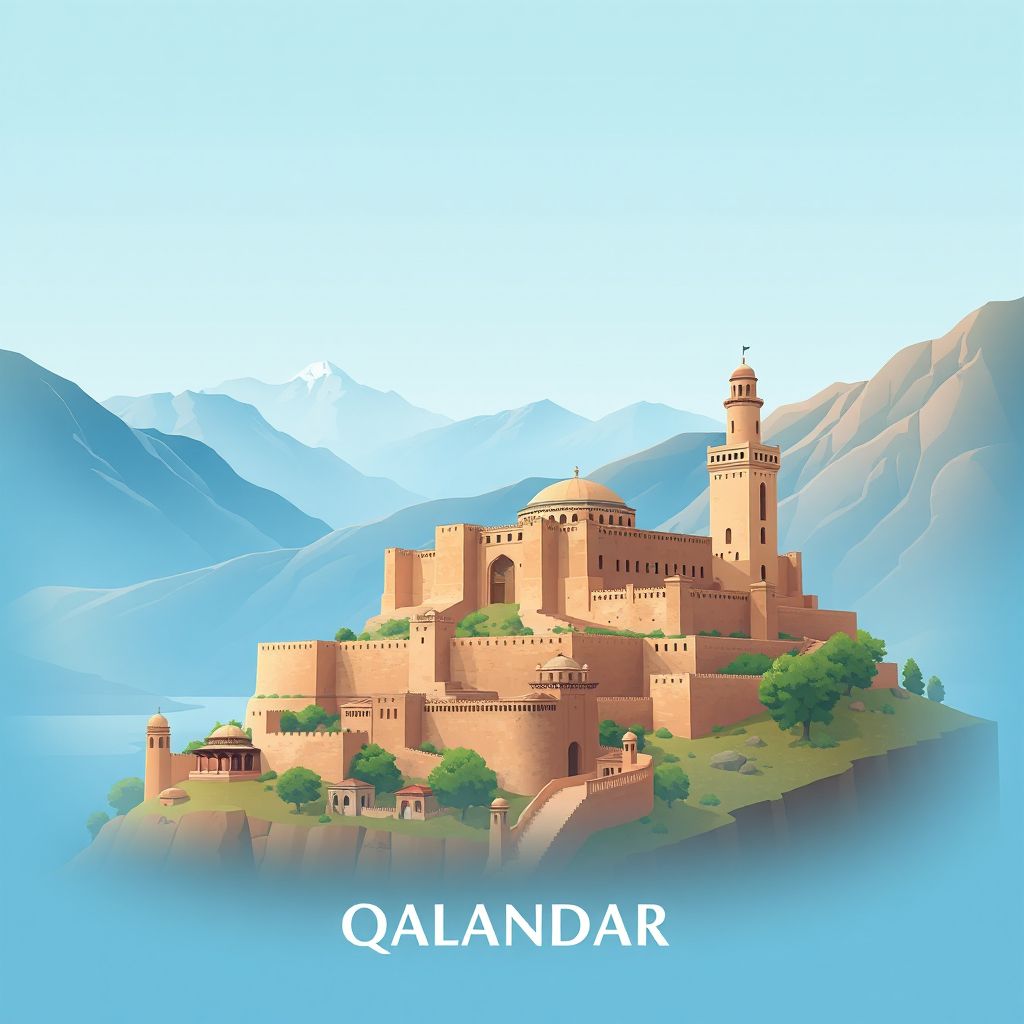 Ultra-high-definition gradient illustration style Qalandar illustration, showing the unique charm of the Khowst Fortress and the surrounding mountains.