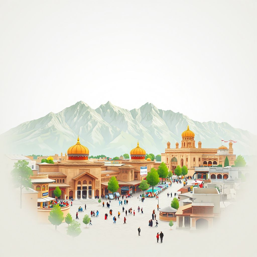 Ultra-high-definition gradient illustration style Shamul illustration, showing the unique charm of the Khowst Bazaar and the surrounding mountains.