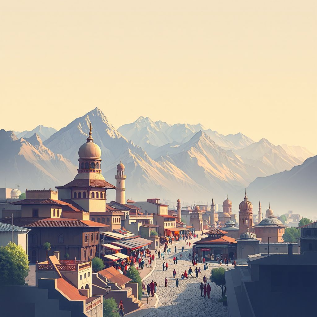 Ultra-high-definition gradient illustration style Terayzai illustration, showing the unique charm of the Khowst Bazaar and the surrounding mountains.