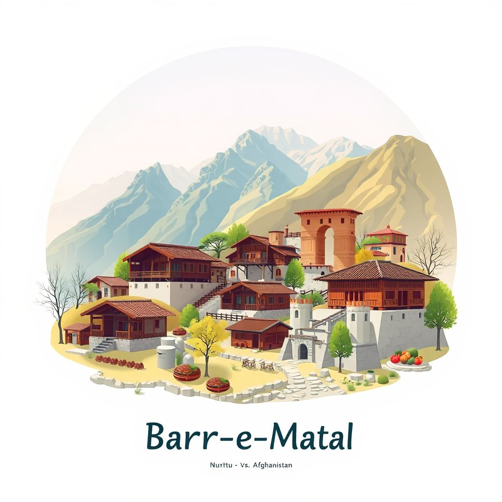 Ultra-high-definition gradient illustration style Barg-e Matal illustration, showing the unique charm of the Nuristan Valley, traditional Nuristani houses, and mantu.