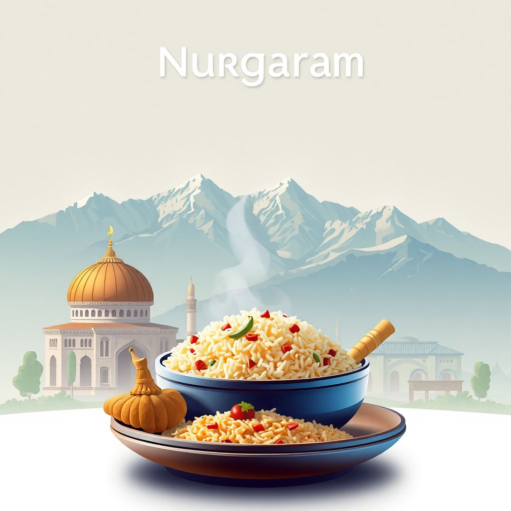 Ultra-high-definition gradient illustration style Nurgaram illustration, showing the unique charm of the Nuristan Mountains and Kabuli Pulao.