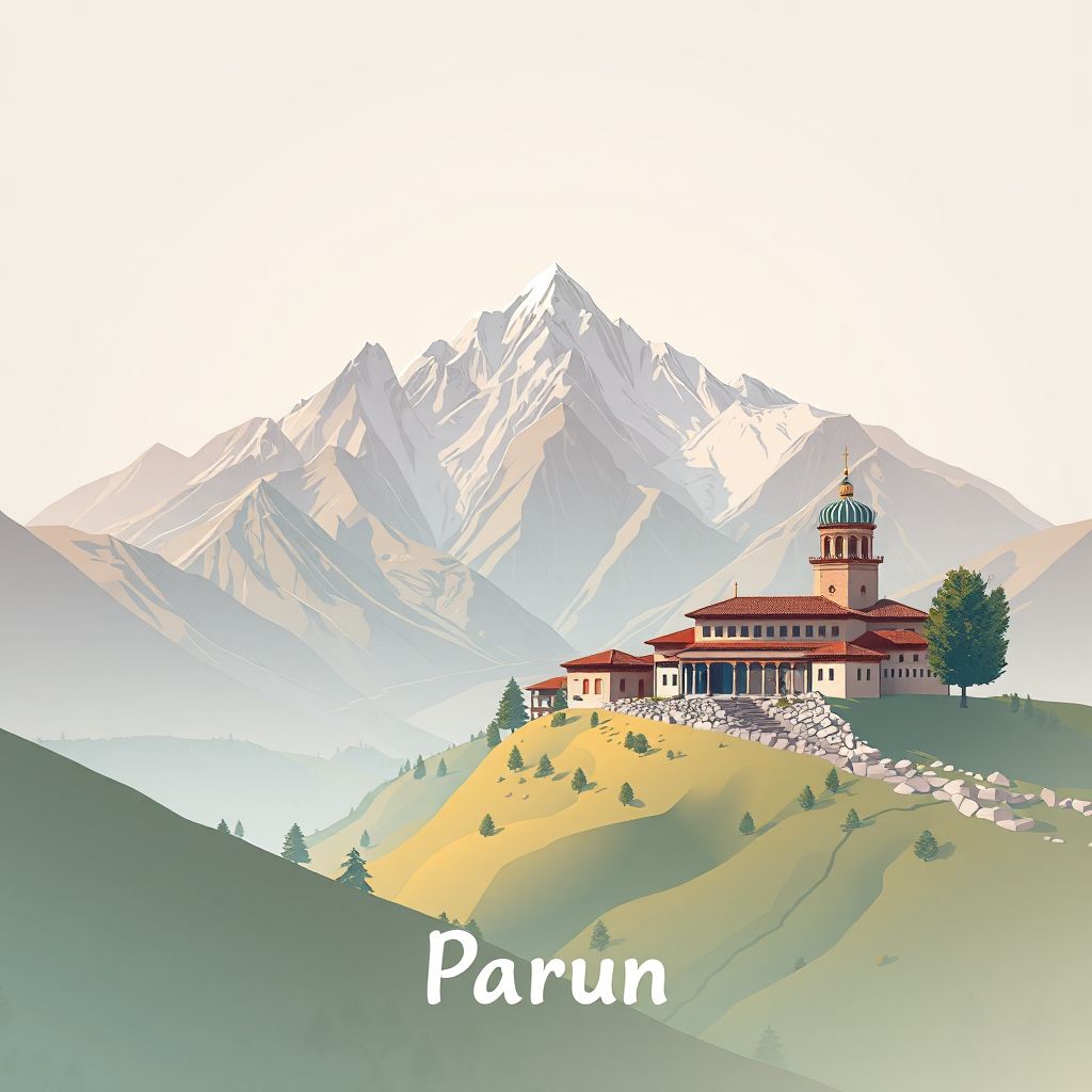 Ultra-high-definition gradient illustration style Parun illustration, showing the unique charm of the Parun Valley and traditional Nuristani architecture.